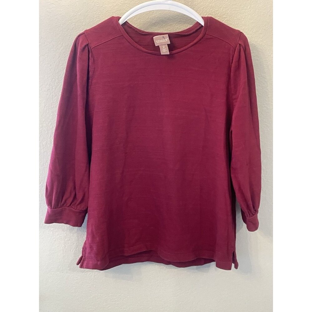 Chico's Shirt 2 Large 12 Dark Red Cotton Blouse Top Career Business Casual‎